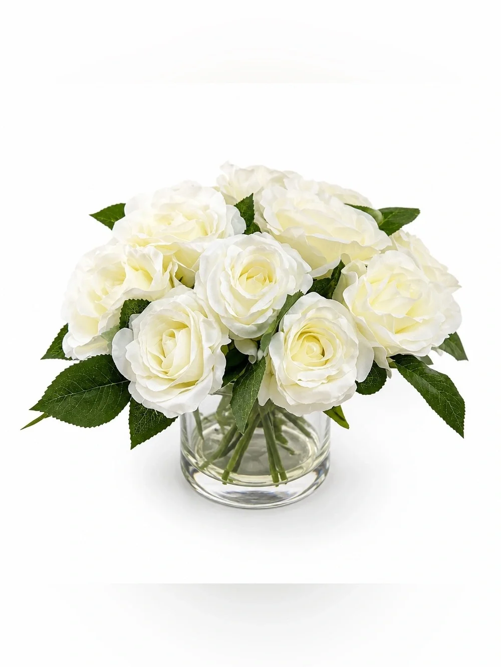 White Artificial Rose Floral Arrangement In Glass Vase Faux Roses Home Wedding